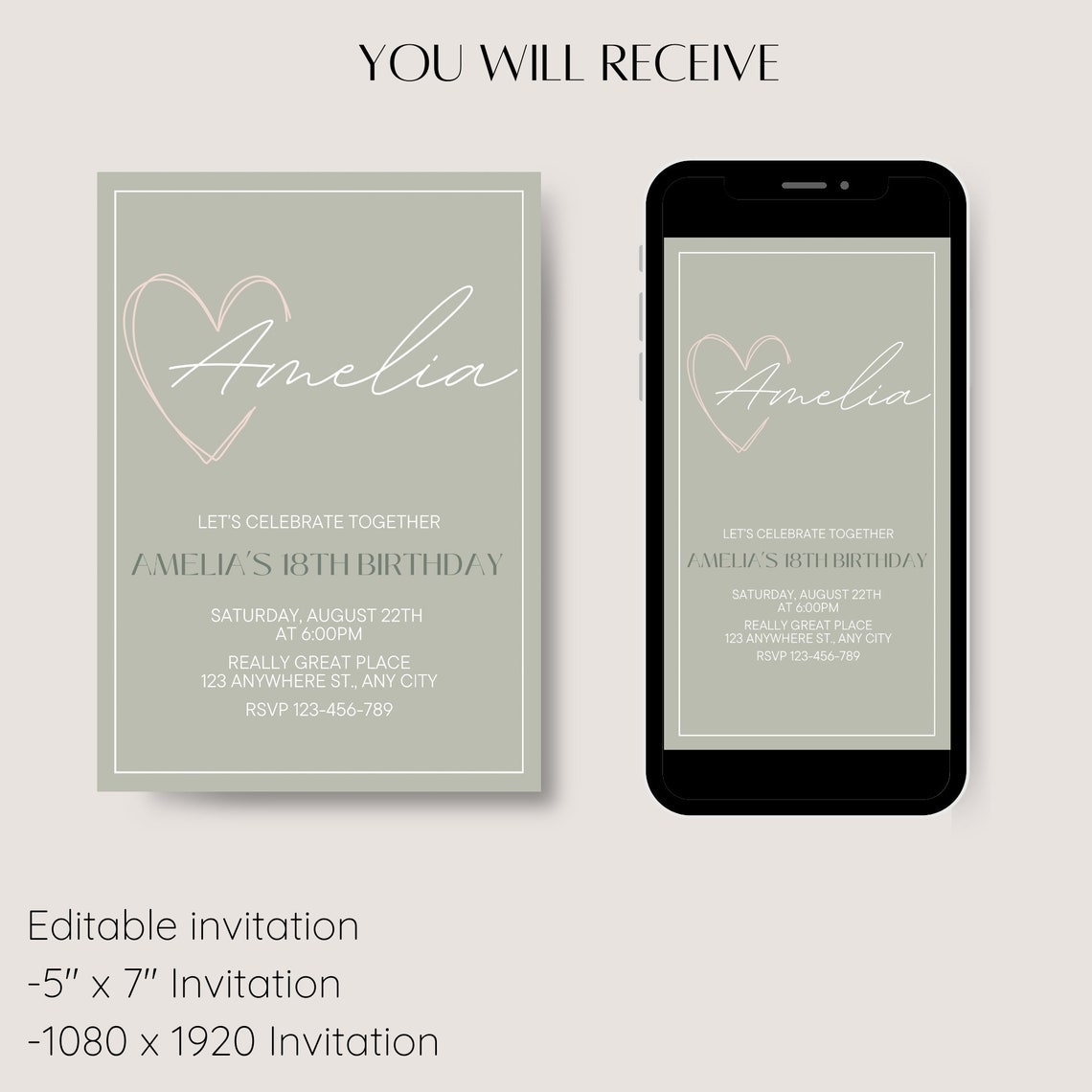 Sage Green Birthday Invitation Template Minimal Invite Elegant 