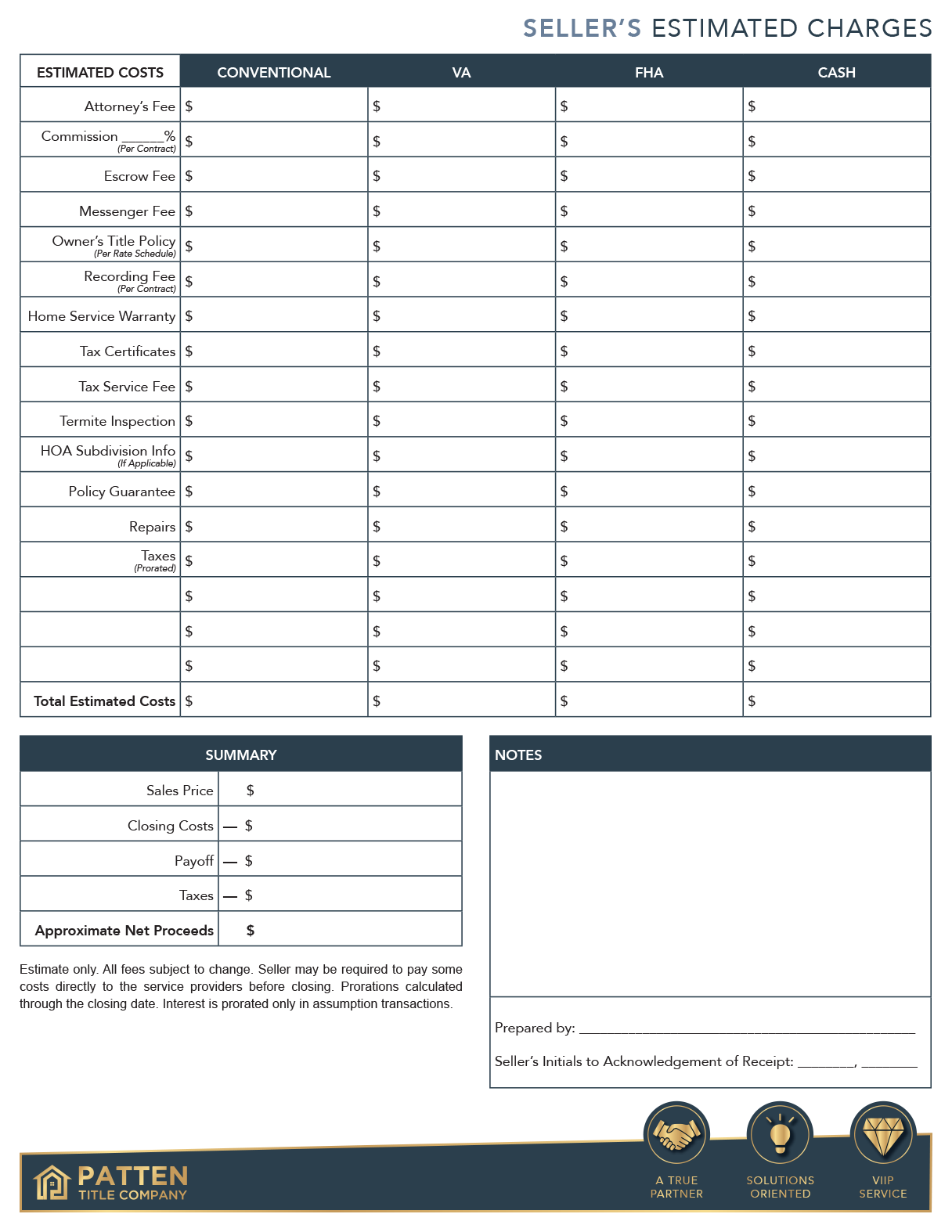 Seller s Closing Cost Worksheet Patten Title Company