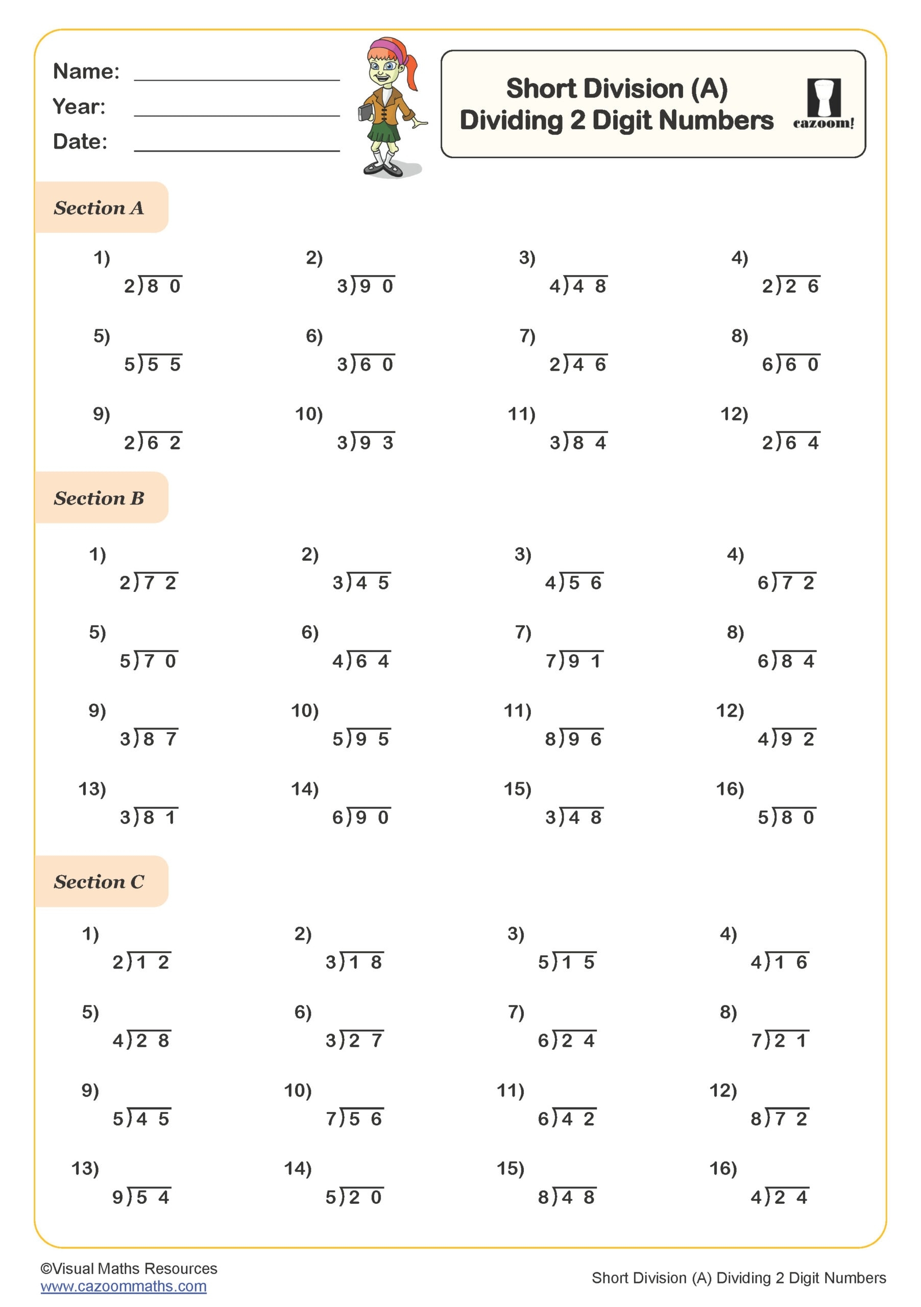 Short Division A Dividing 2 Digit Numbers Worksheet Key Stage