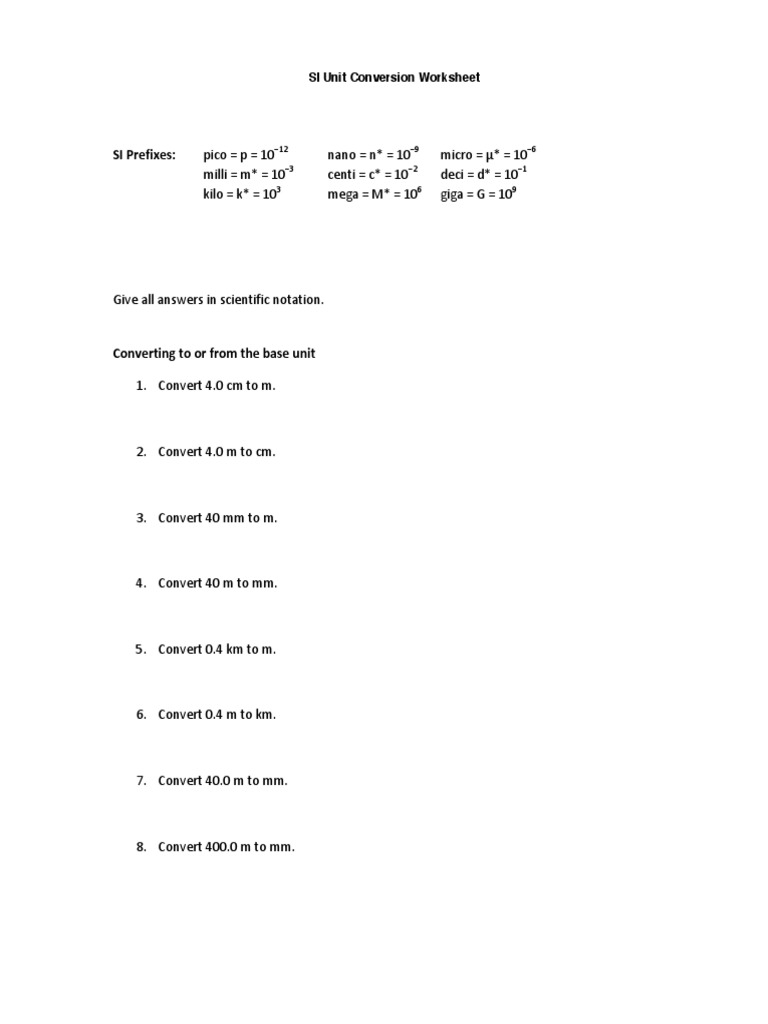 SI Unit Conversion Worksheet PDF Worksheets Library