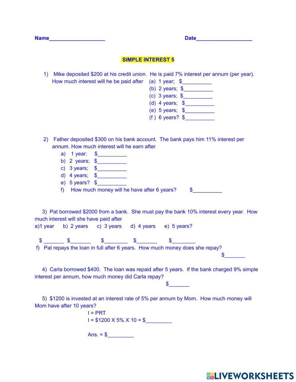 worksheets for simple interest
