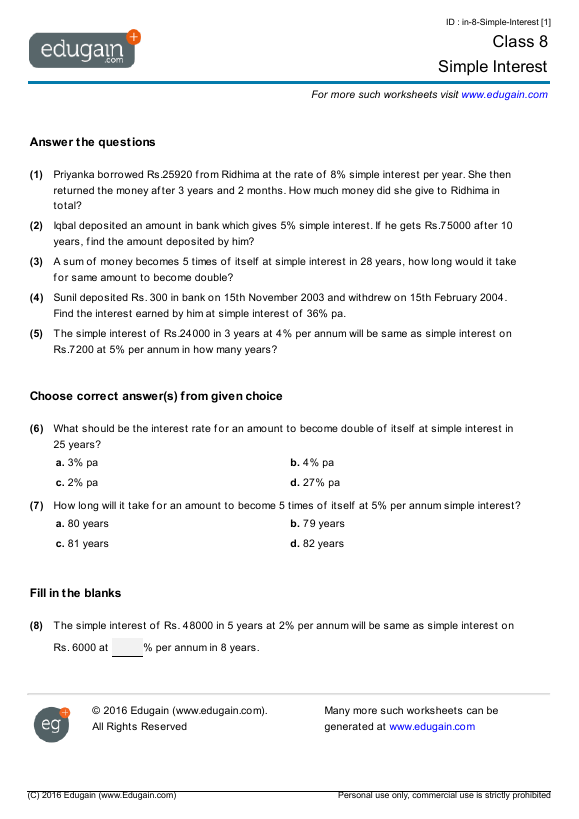 Simple Interest Worksheets For 7th Grade Worksheets Master