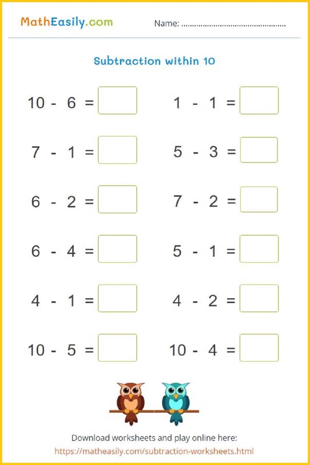 Single Digit Subtraction Within 10 Games And Worksheets Worksheets
