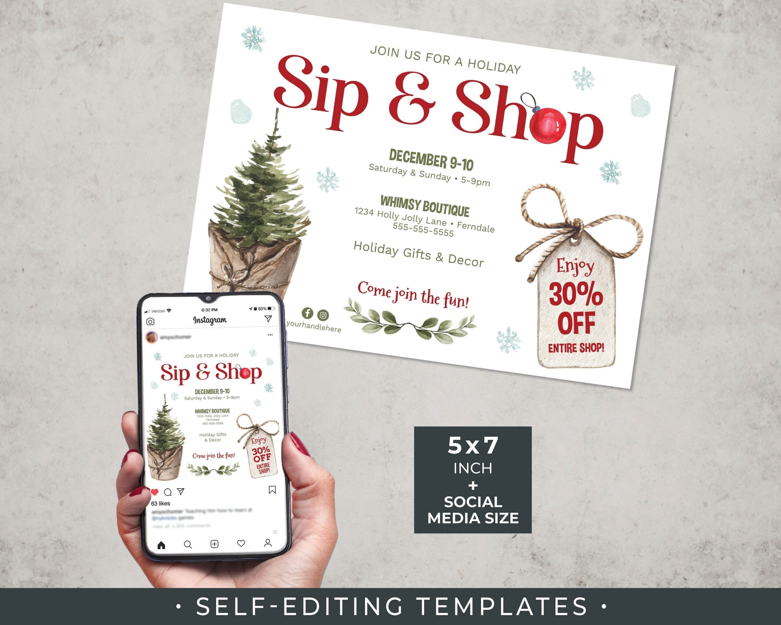 Sip Shop Invitation Editable TEMPLATE Social Media Size Holiday