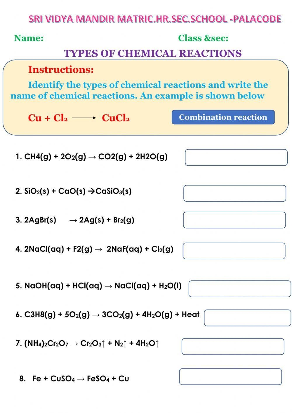 chemical reaction formulas worksheet