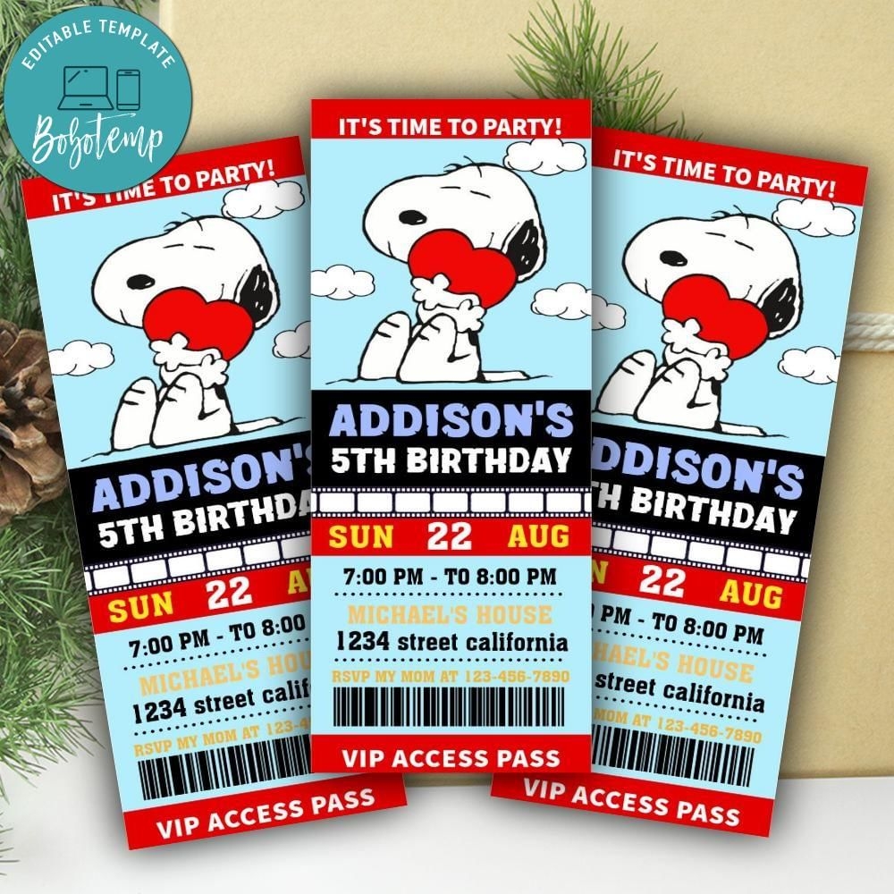 Snoopy Ticket Invitation Customizable Template Bobotemp