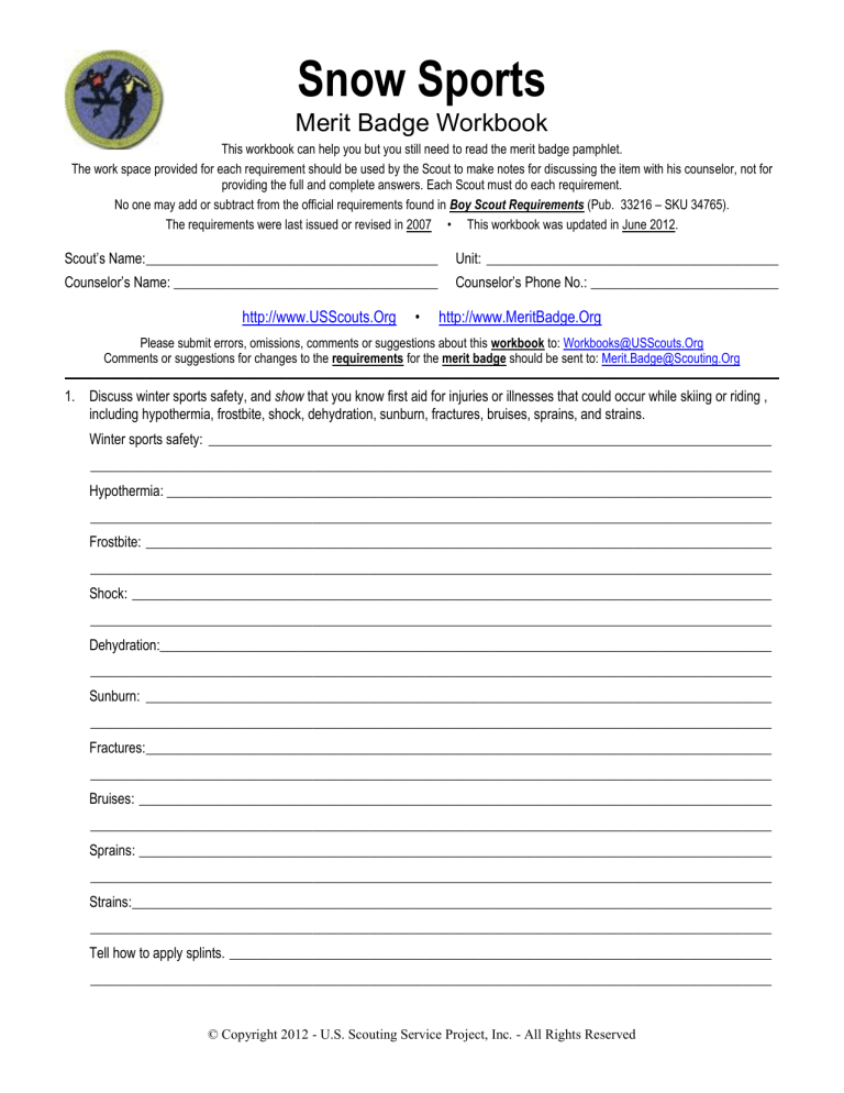 Snow Sports Merit Badge Workbook Worksheets Library