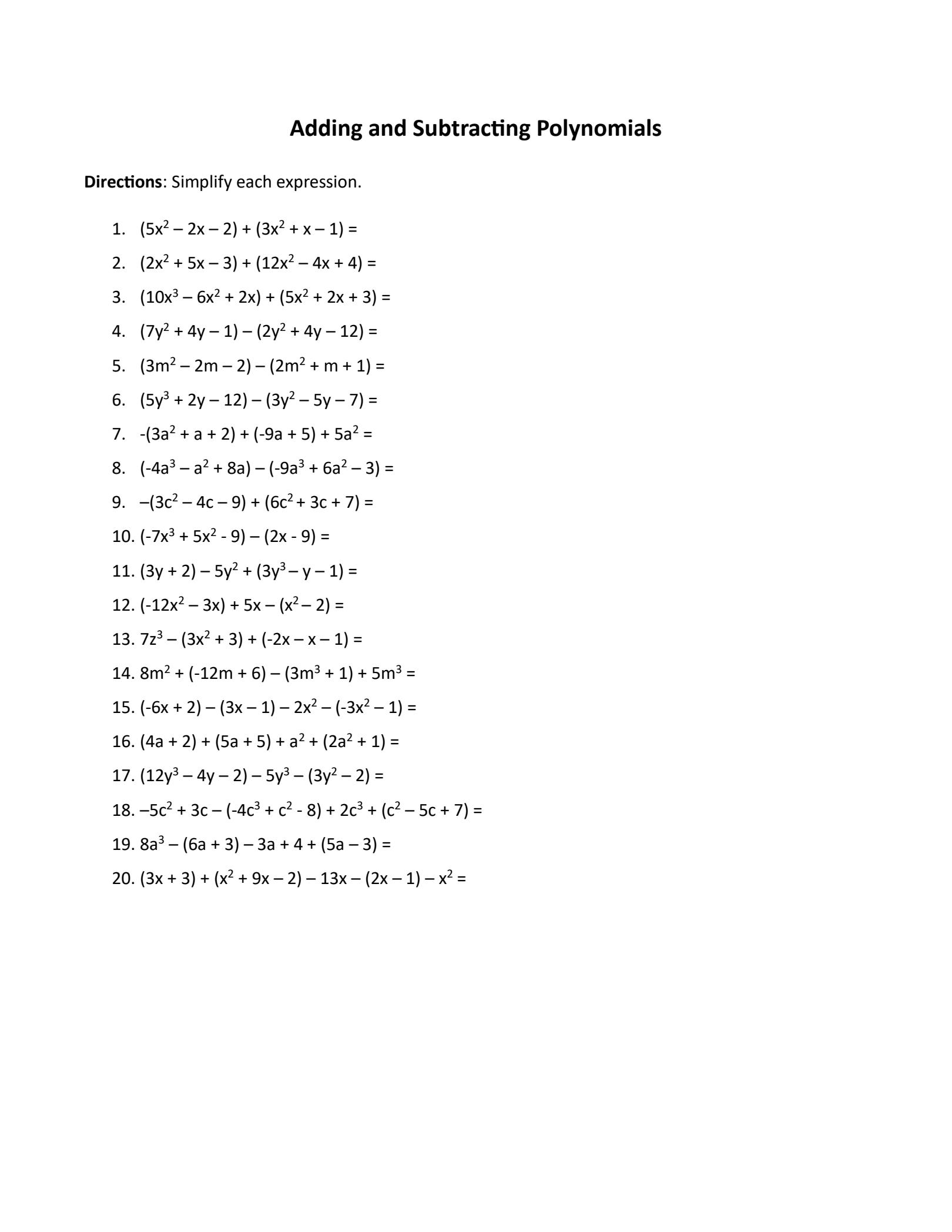 subtracting polynomials worksheet