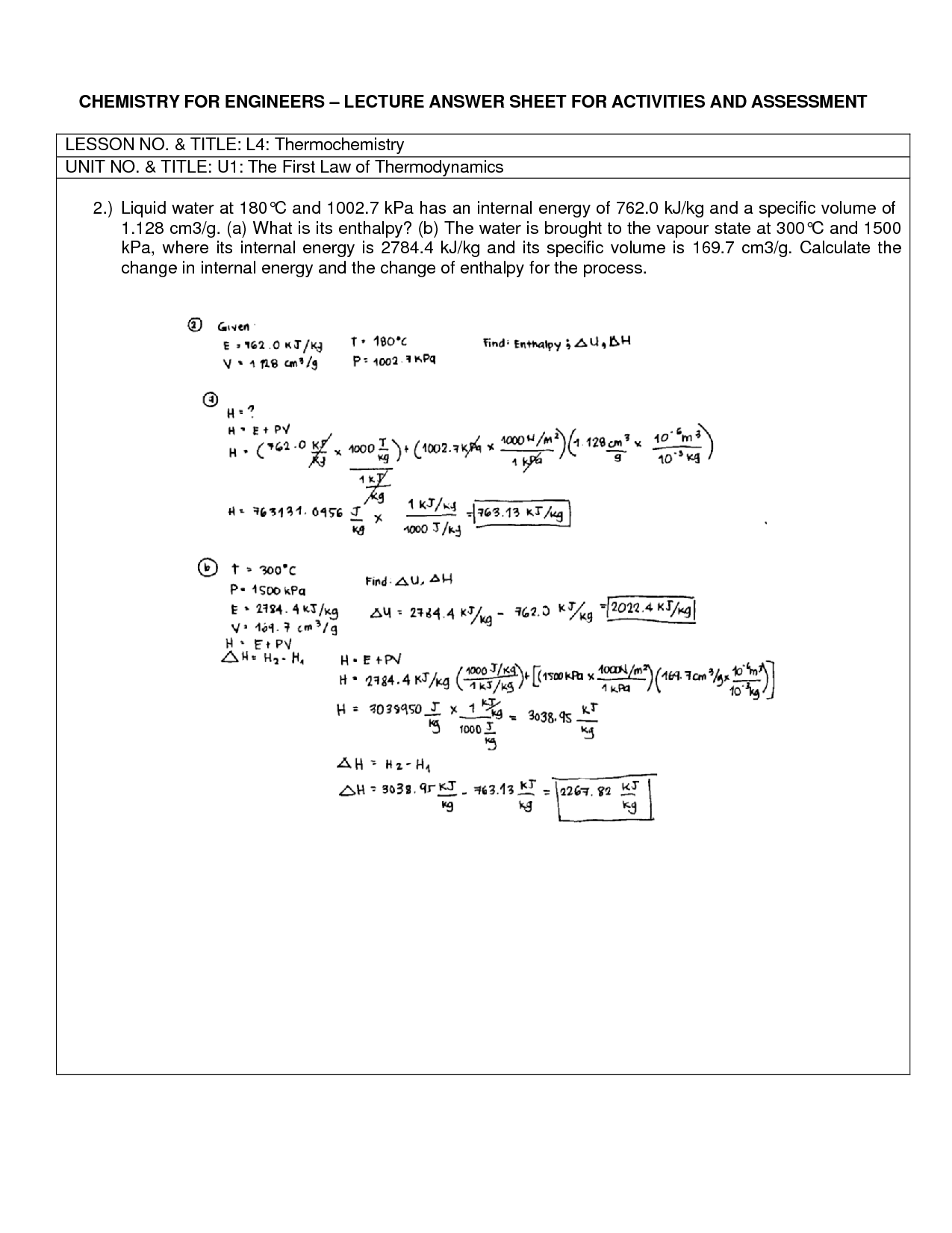 thermochemistry worksheet