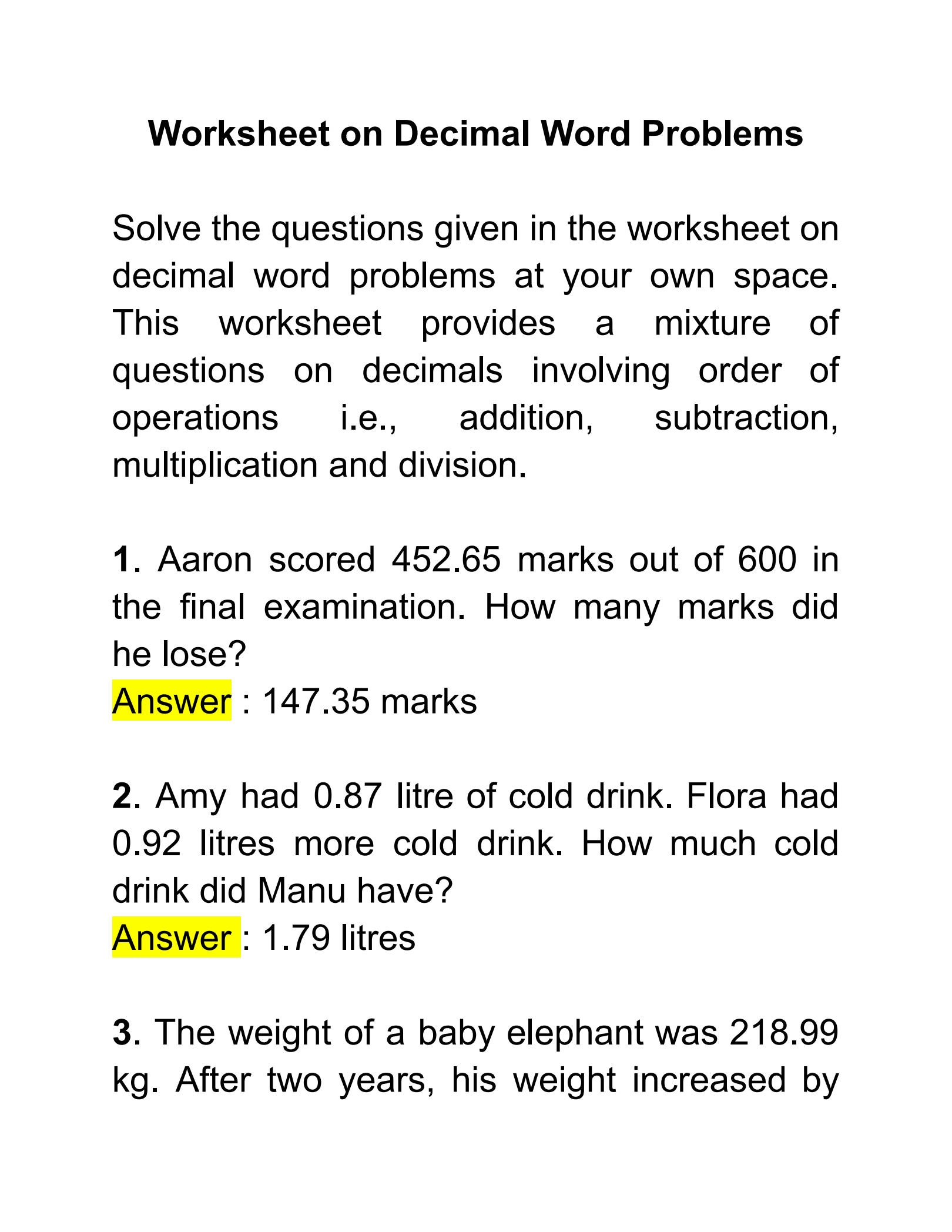 SOLUTION Worksheet On Decimal Word Problems Quiz Studypool 