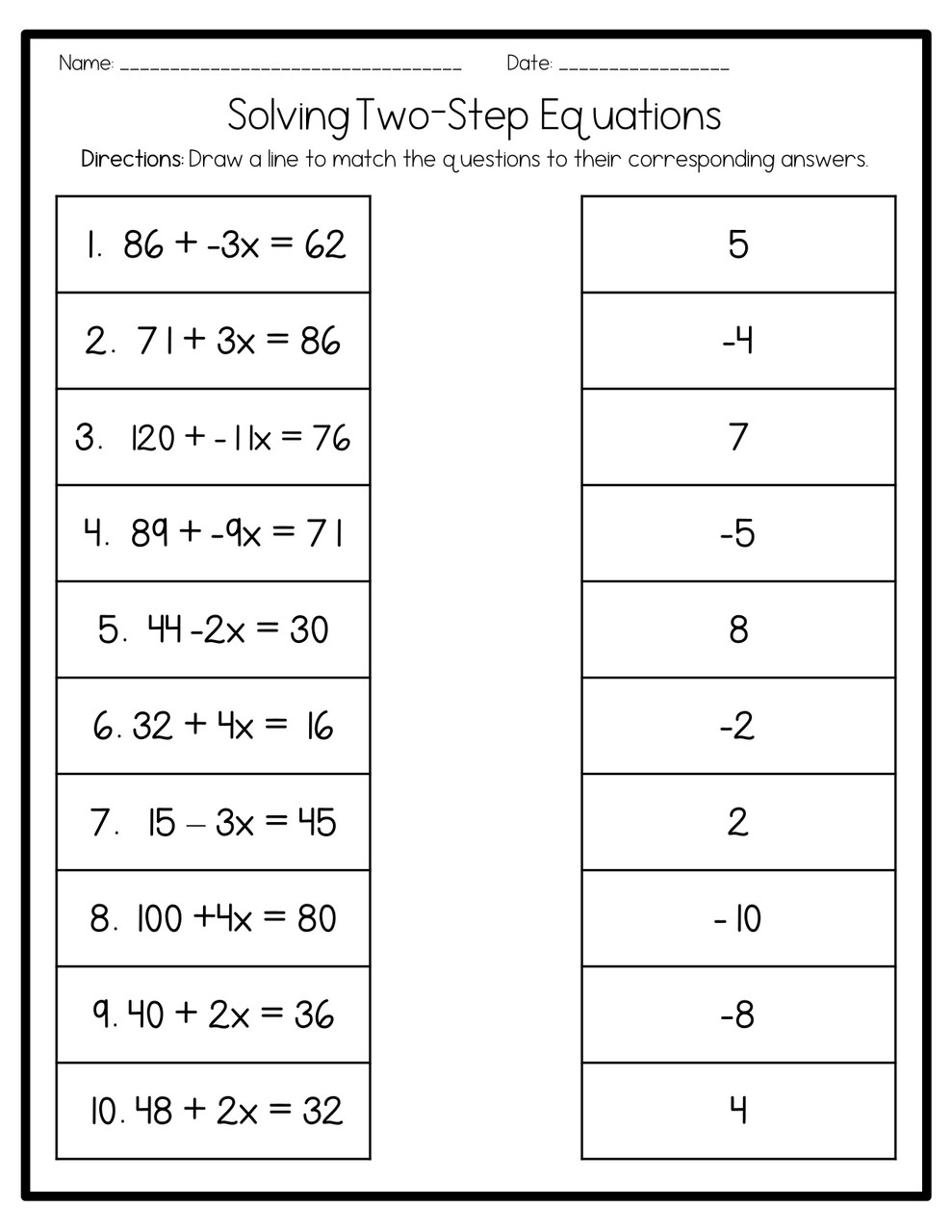 2 step algebra equations worksheet