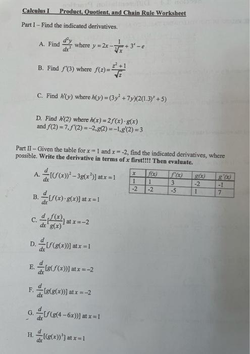 Solved Calculus I Product Quotient And Chain Rule Worksheet 