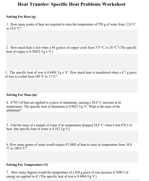 worksheet specific heat