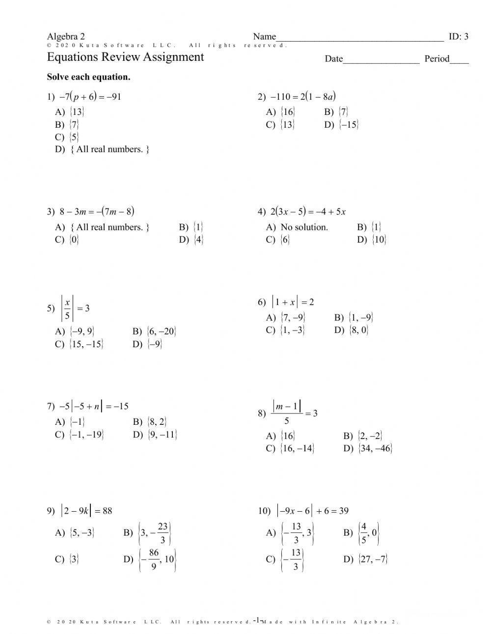 absolute value equations worksheets