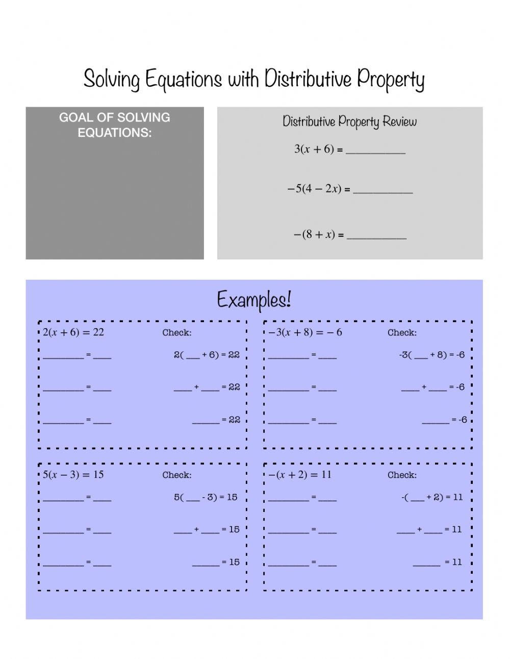 Solving Equations With Distributive Property Notes algebra 