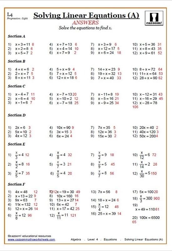 Solving Linear Equations Worksheets With Answers Worksheets Master