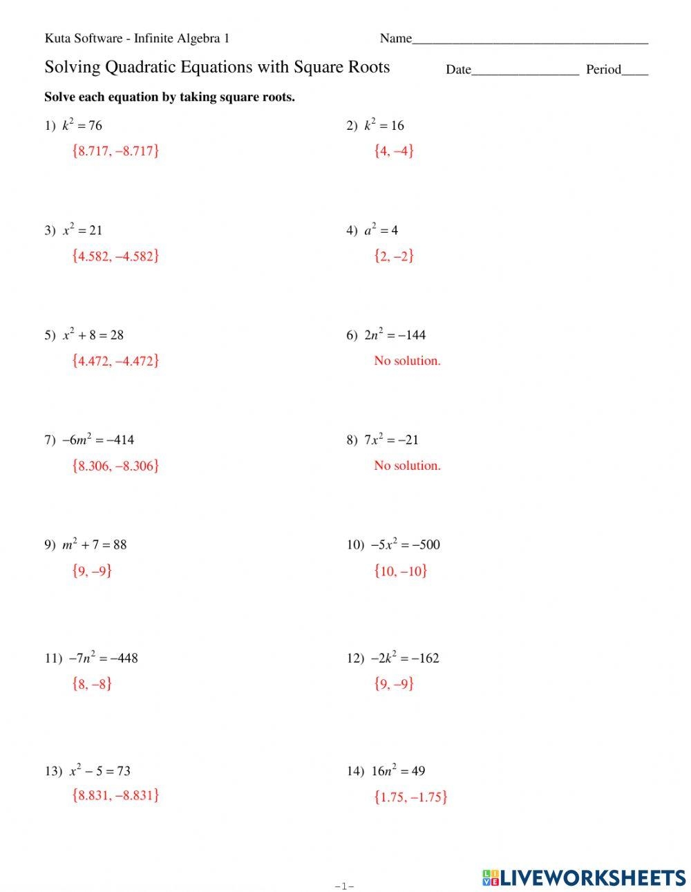 Solving Quadratic Equations A Worksheet Fun And Engaging 