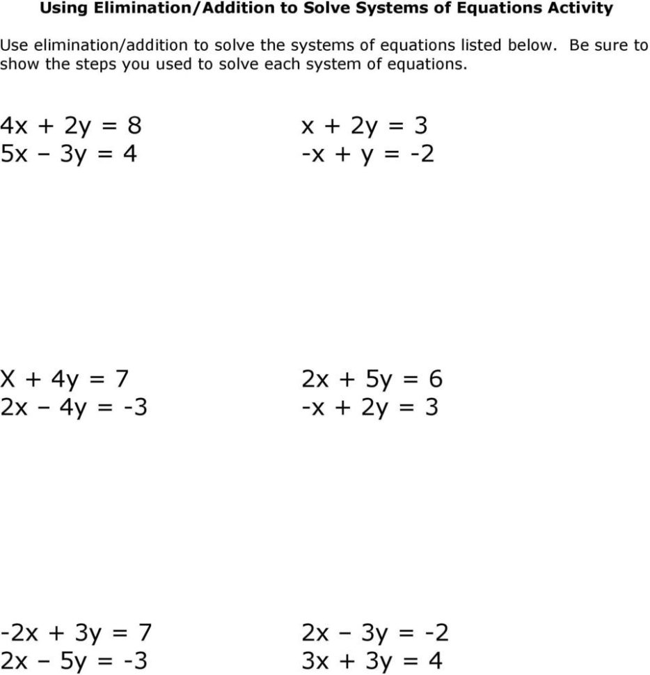 systems of linear equations elimination worksheet