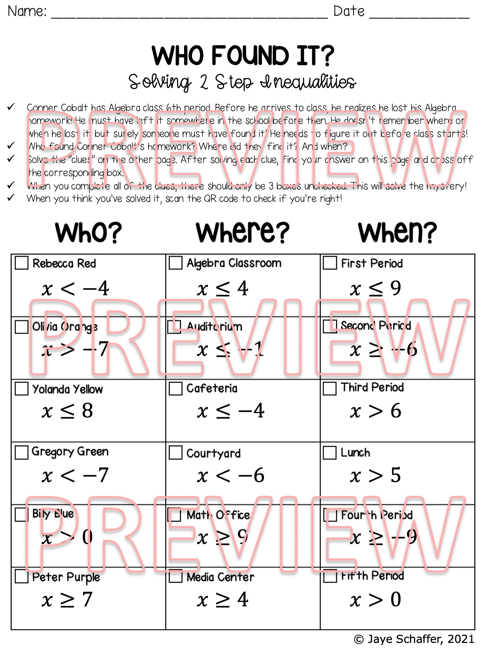 Solving Two Step Inequalities Clue Mystery Activity Made By Teachers 
