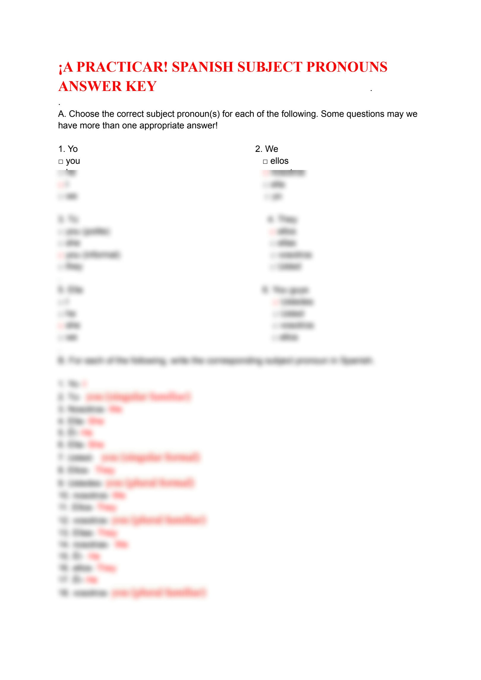 Spanish Subject Pronoun Practice Worksheet USA Worksheets Library