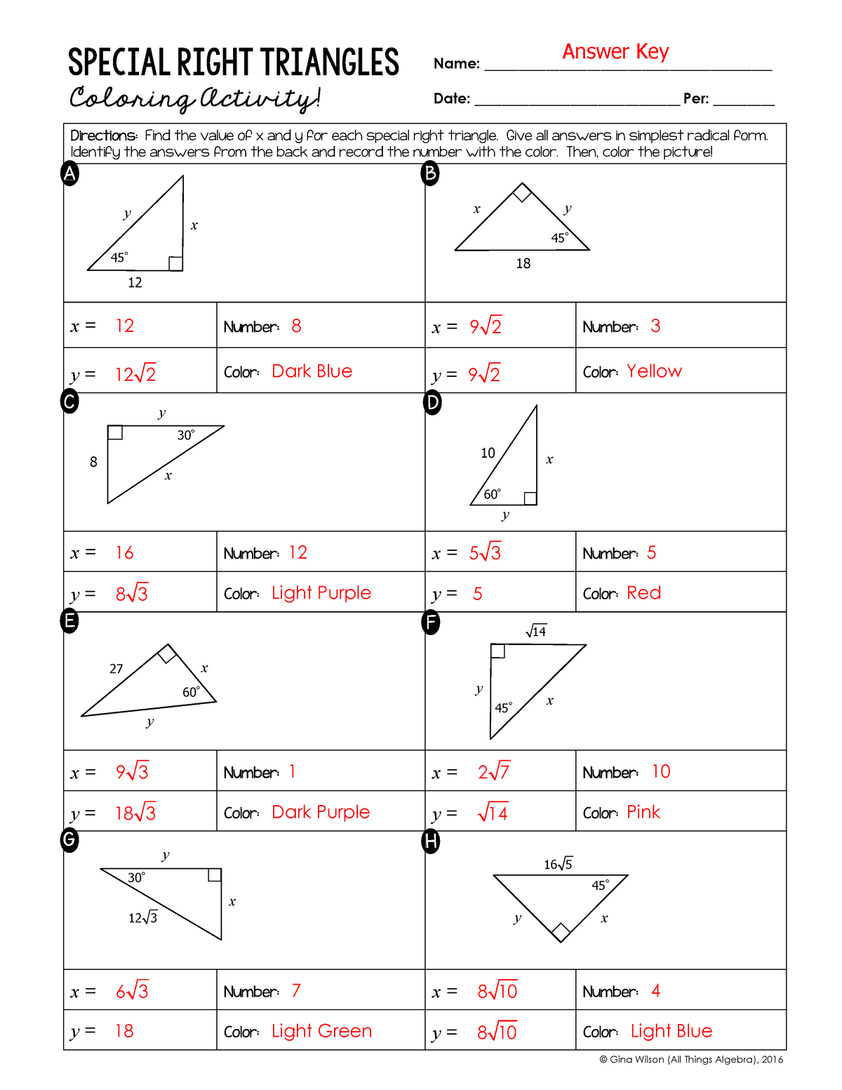Special Right Triangles Coloring Activity KEY X 12 Number