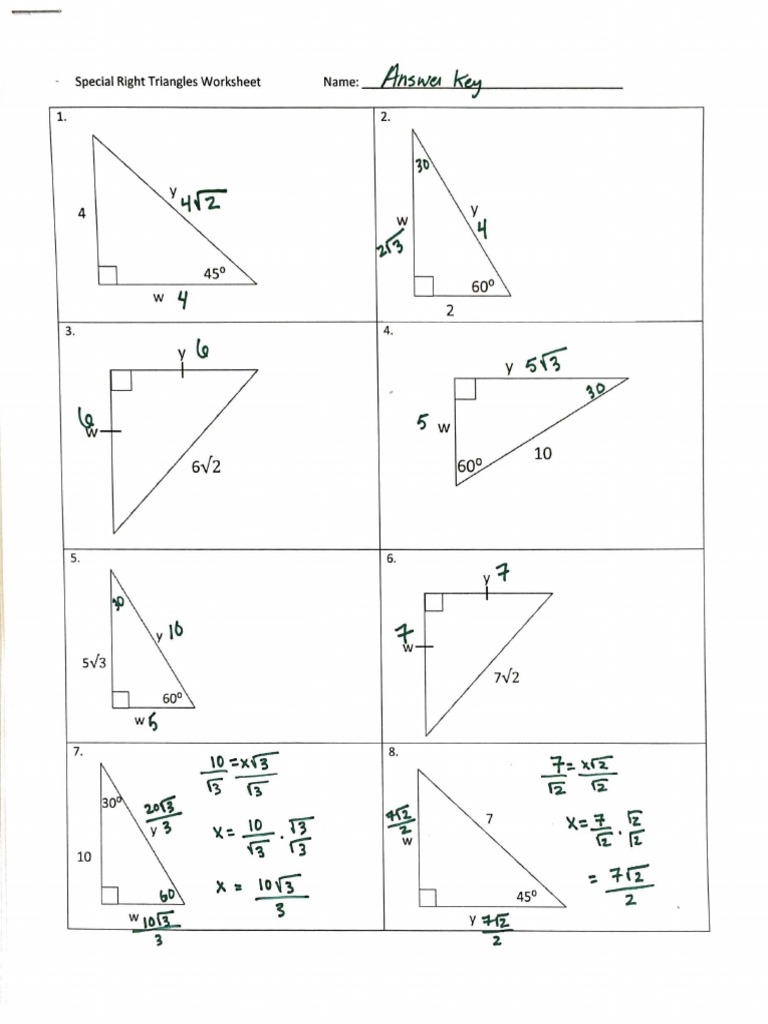 special right triangles worksheet with answers pdf