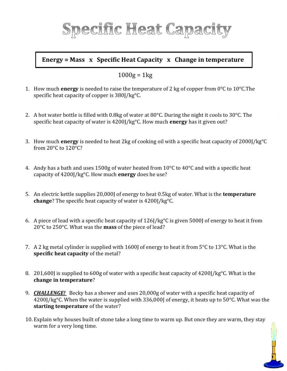 Specific Heat Capacity Interactive Worksheet Live Worksheets