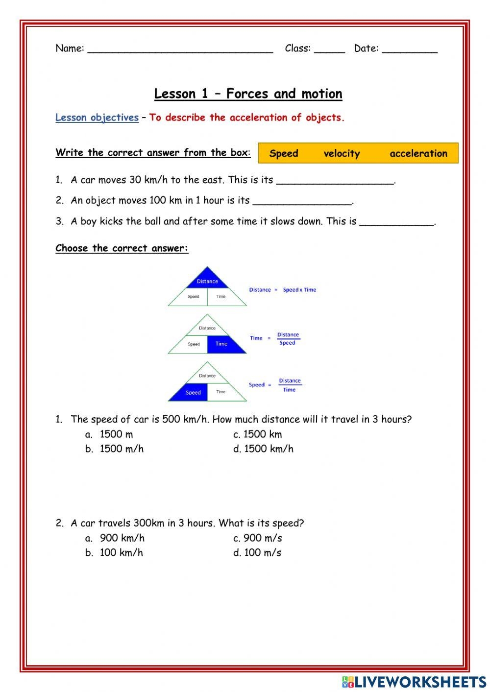 Speed And Acceleration Interactive Worksheet Live Worksheets 