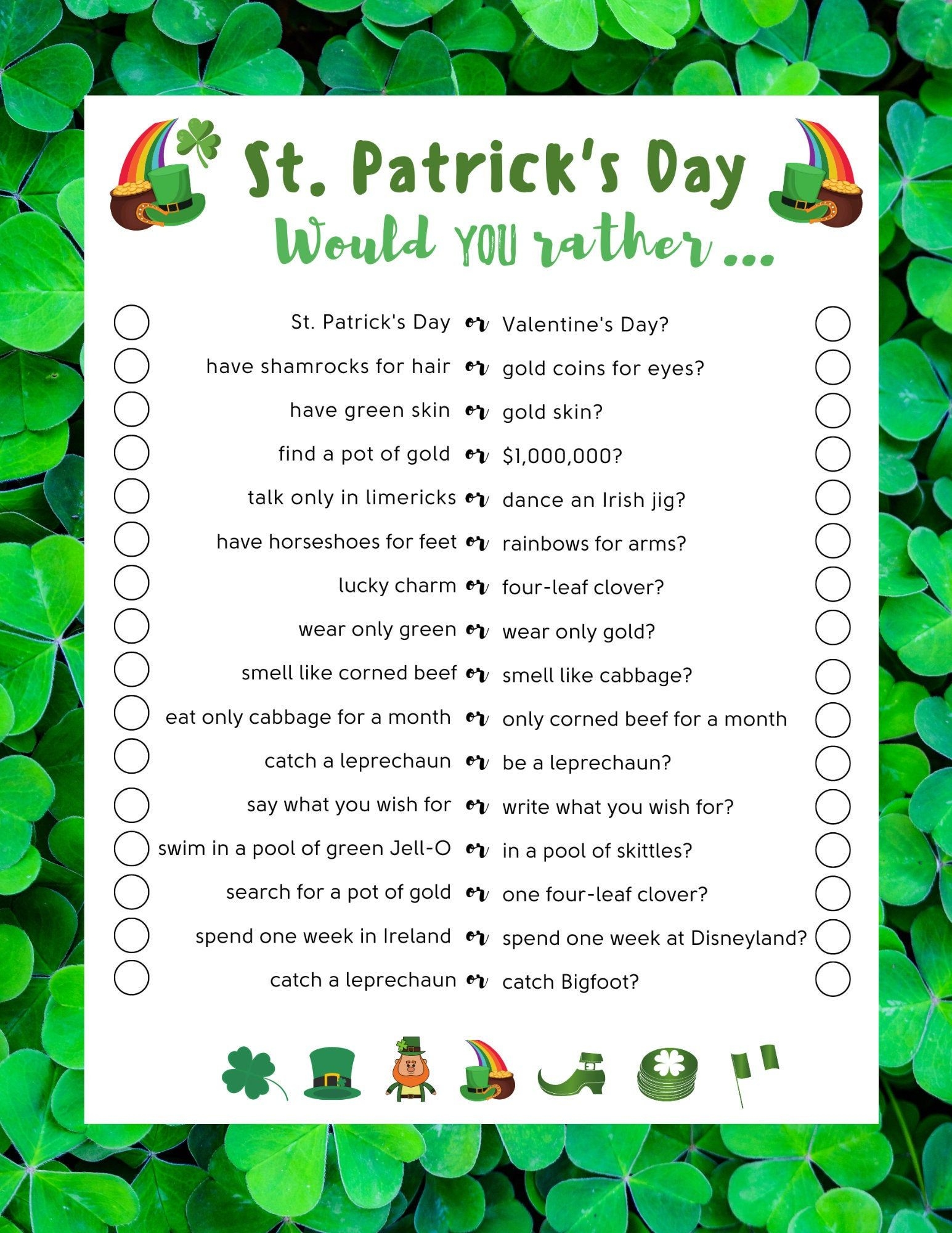 St Patrick S Day Would You Rather Game Printable St Patty S Printable