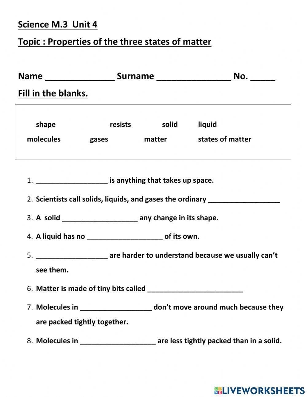 states of matter worksheets