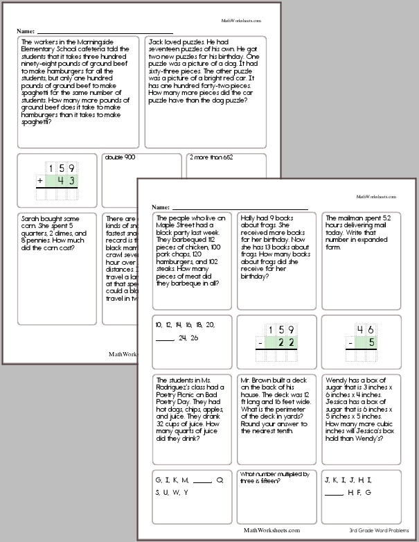 Story Problem Math Worksheets
