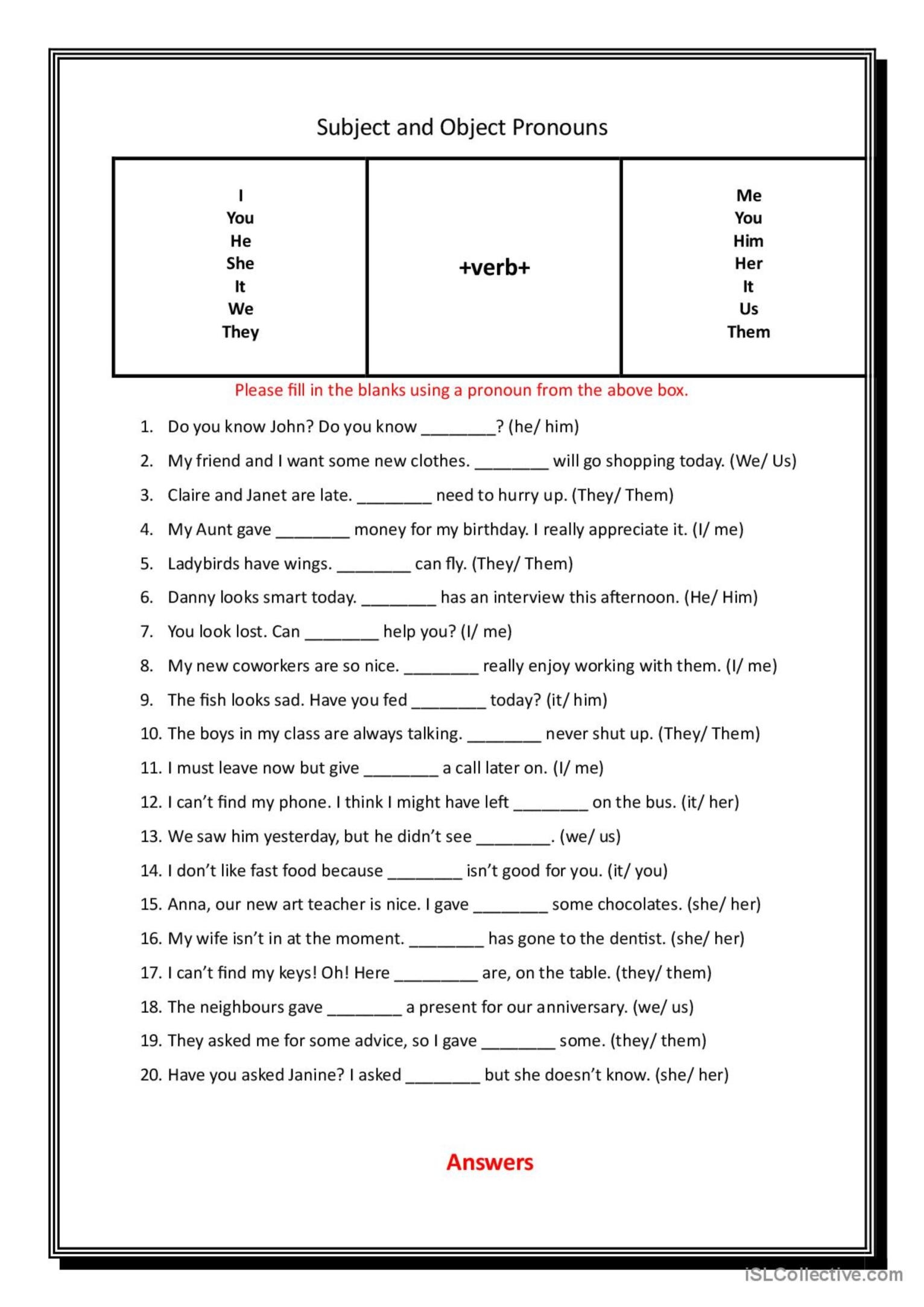 Subject Object Pronouns General Gra English ESL Worksheets Pdf Doc