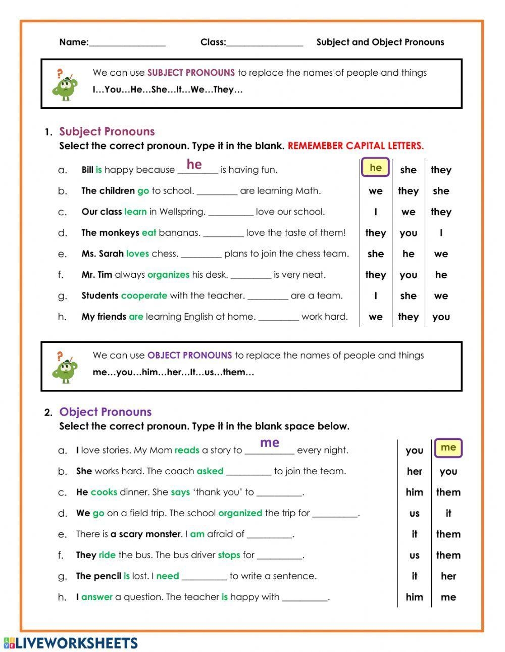 subject object pronouns worksheet