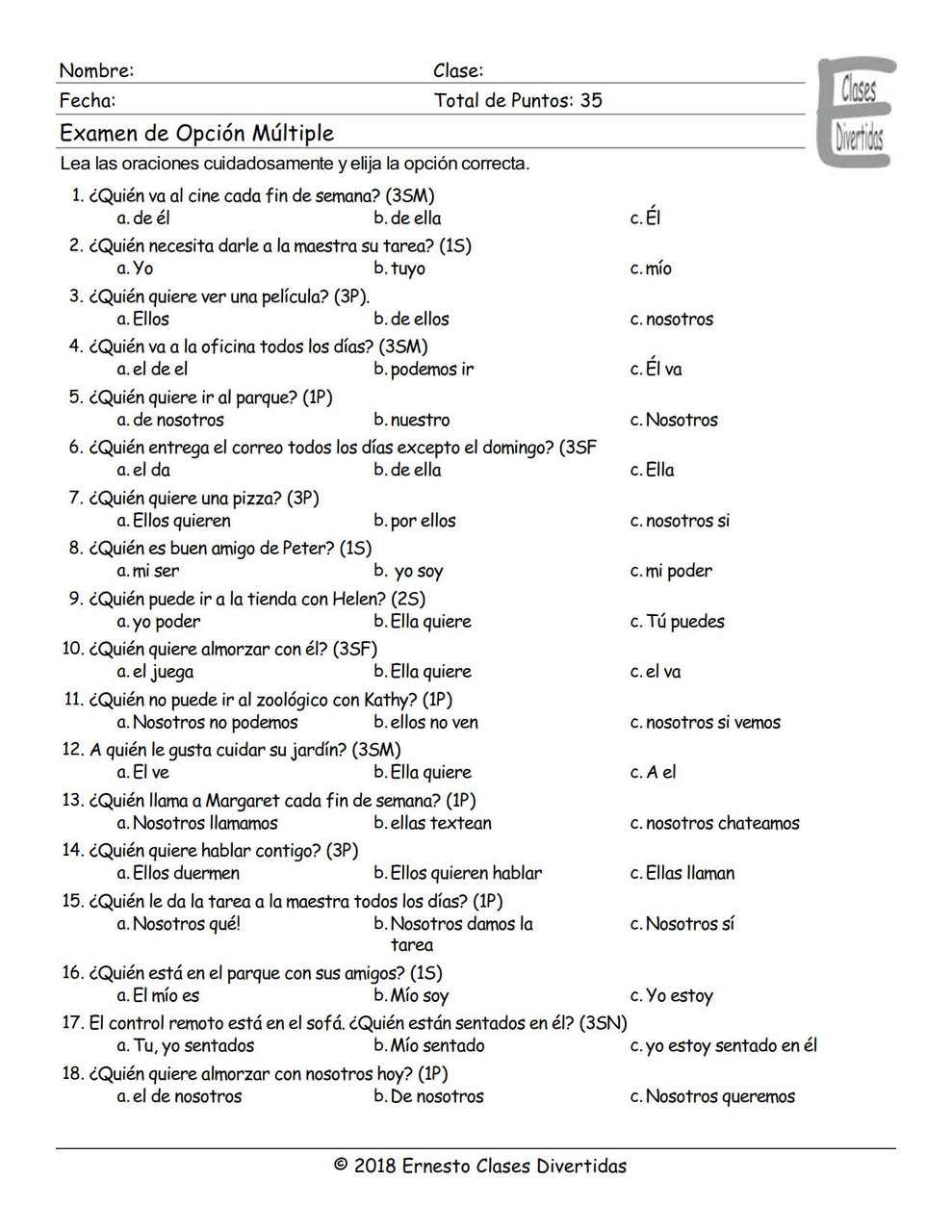 subject pronouns spanish worksheet