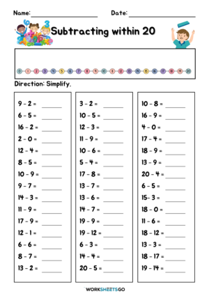 Subtracting Within 20 Worksheets WorksheetsGO