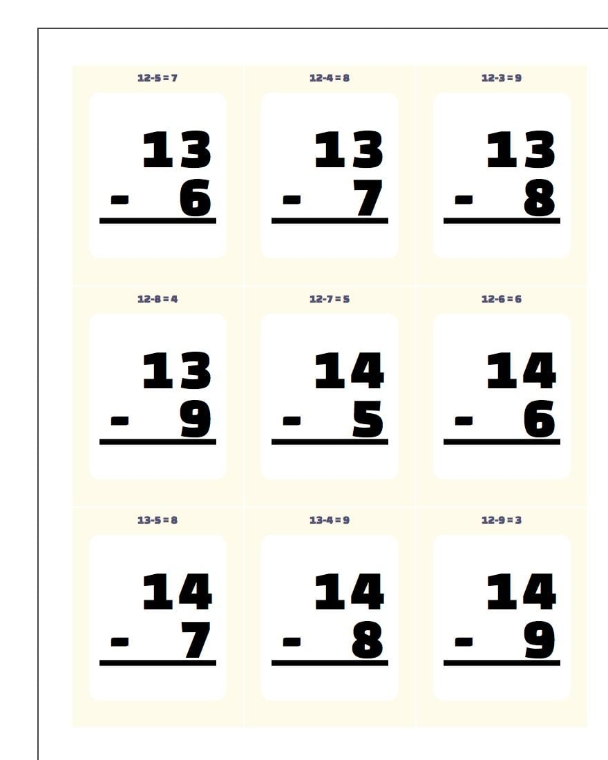 addition subtraction printable flash cards