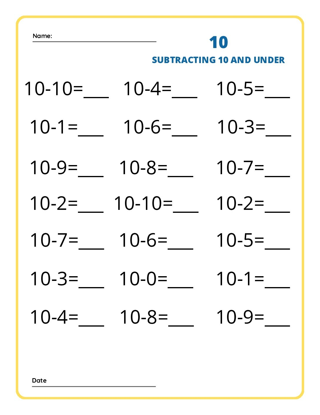 Subtraction Worksheet Set 10 To 0 And Doubles We Eight At The Table 