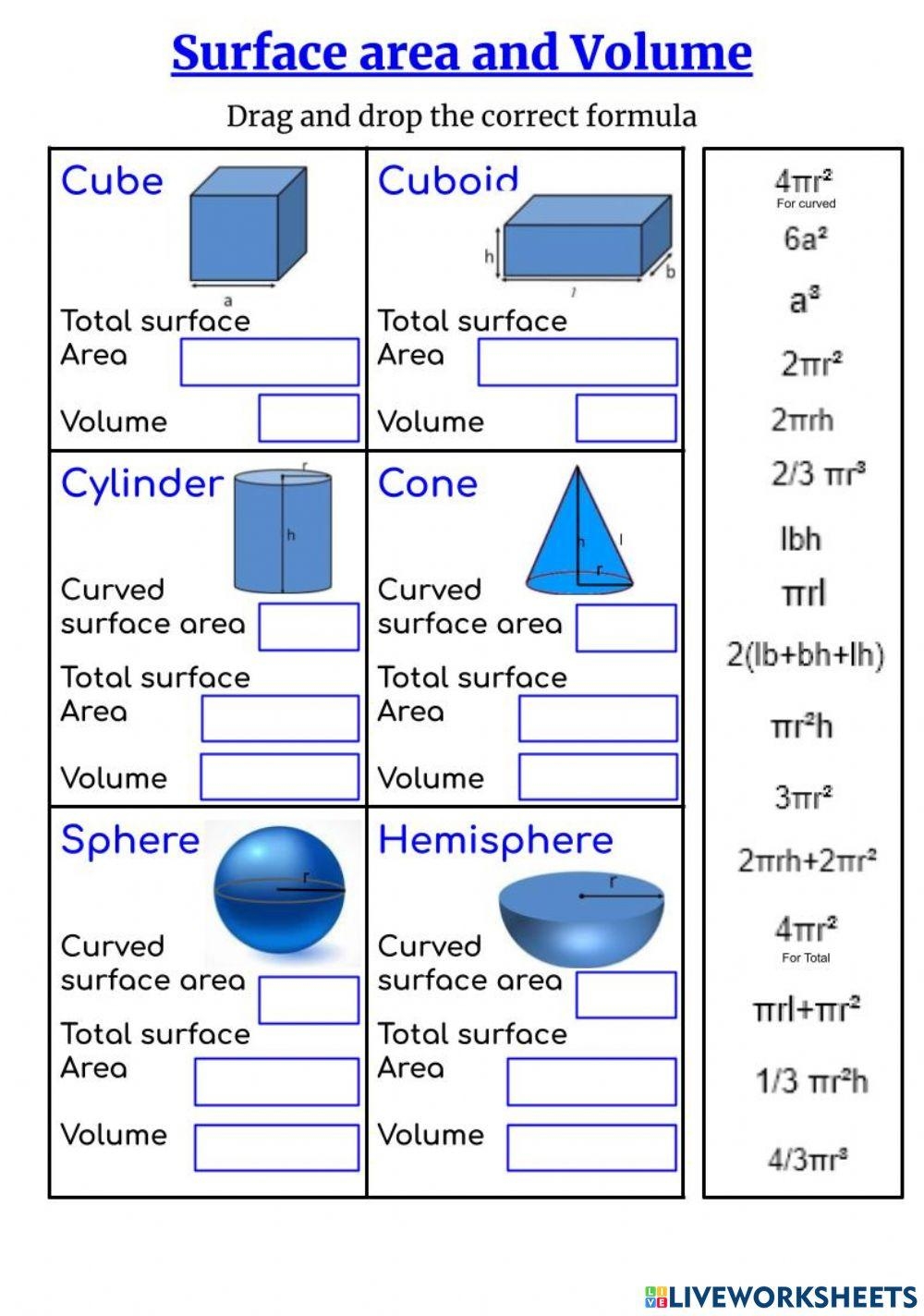 surface area and volume worksheet