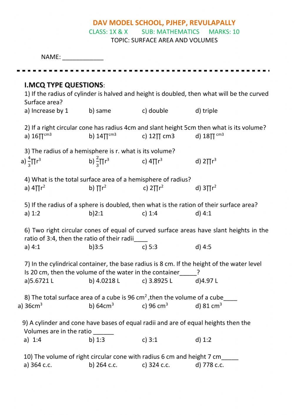 Surface Area Volumes Worksheet Live Worksheets Worksheets Library