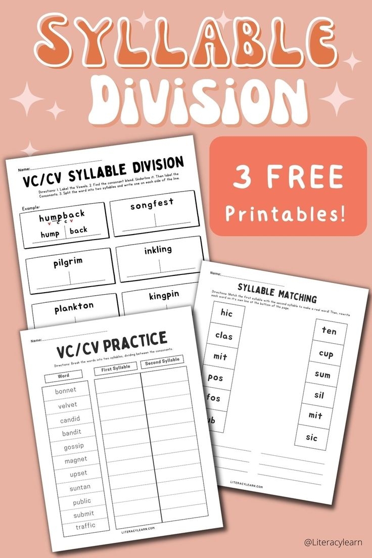 Syllable Division Practice VC CV Pattern Words Worksheets
