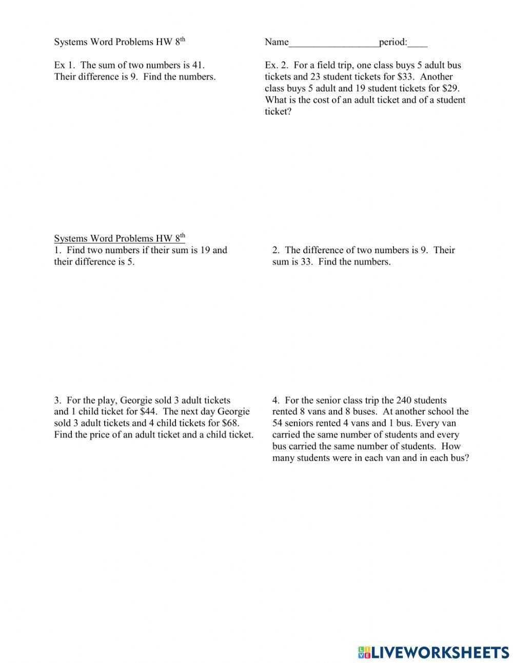 System Of Equations Word Problems 3 9 Online Exercise For Live 