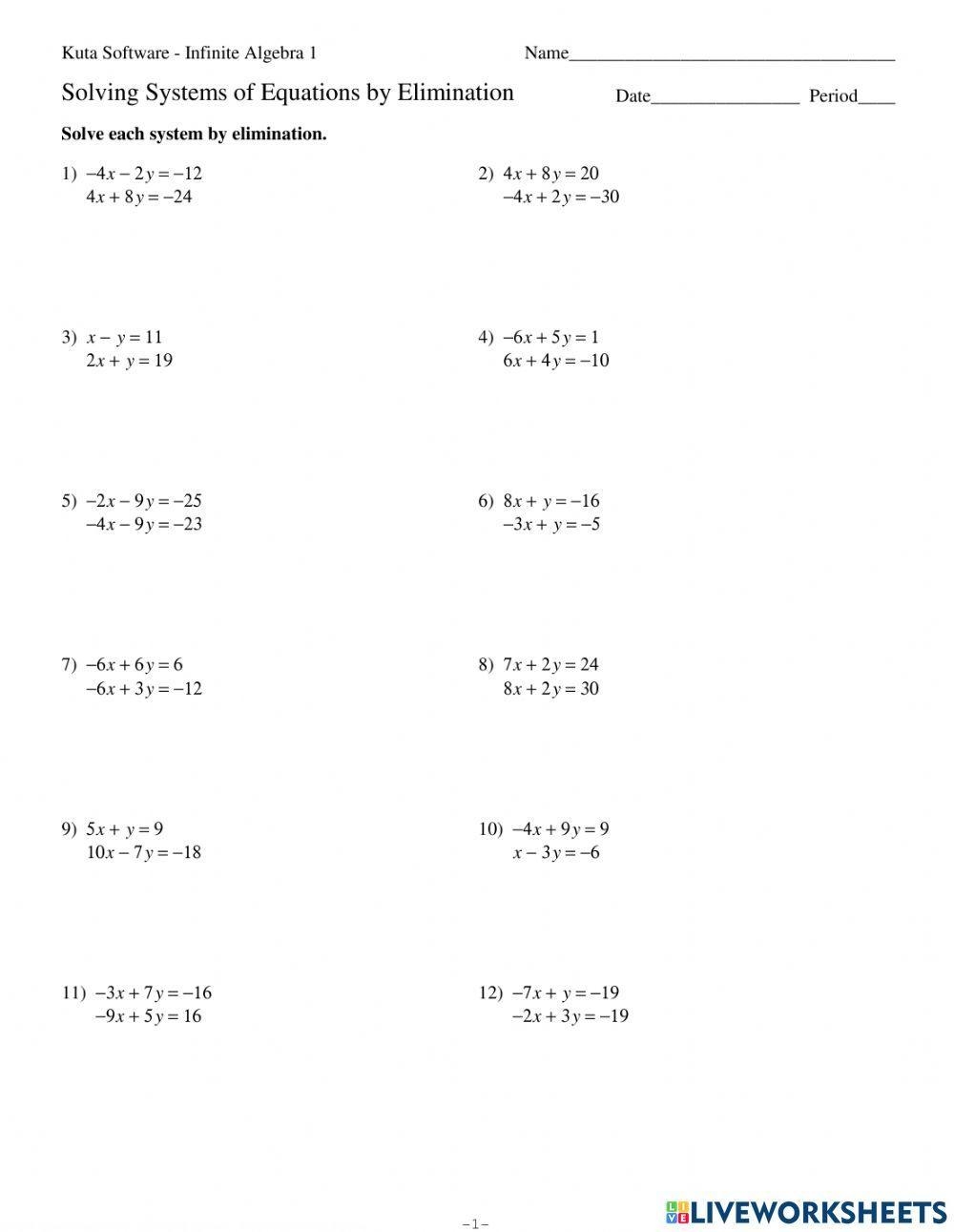 Systems Of Equations Elimination Worksheet Live Worksheets