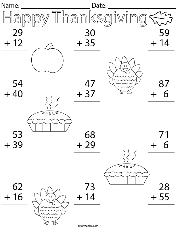 Thanksgiving Double Digit Addition Math Worksheet Twisty Noodle 