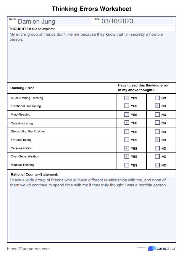 thinking errors worksheet