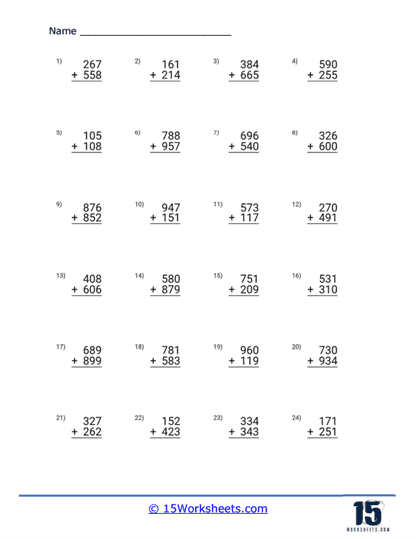 Three Digit Addition Worksheets 15 Worksheets