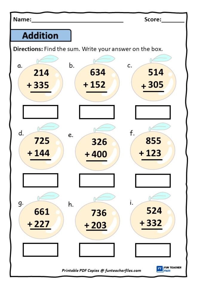 Three Digit Addition Worksheets Without Regrouping Set 1 Fun Teacher 