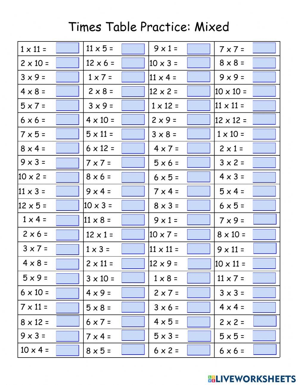 Times Table Practice Mixed 1 12 Worksheet Live Worksheets