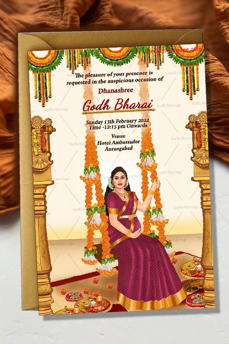 Traditional Caricature Theme Baby Shower Invitation Card Seemantham 