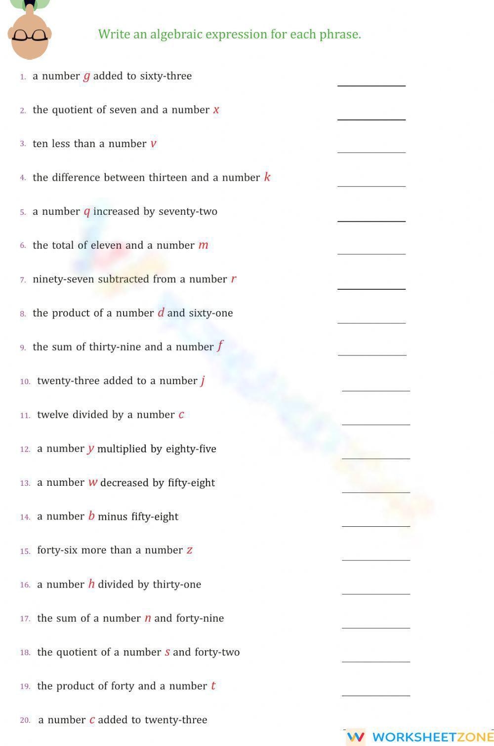 translating expressions worksheet