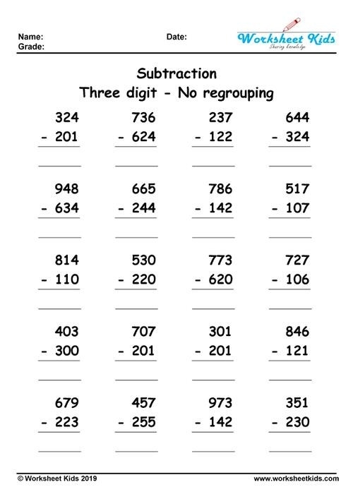 3 digit subtraction worksheets no regrouping